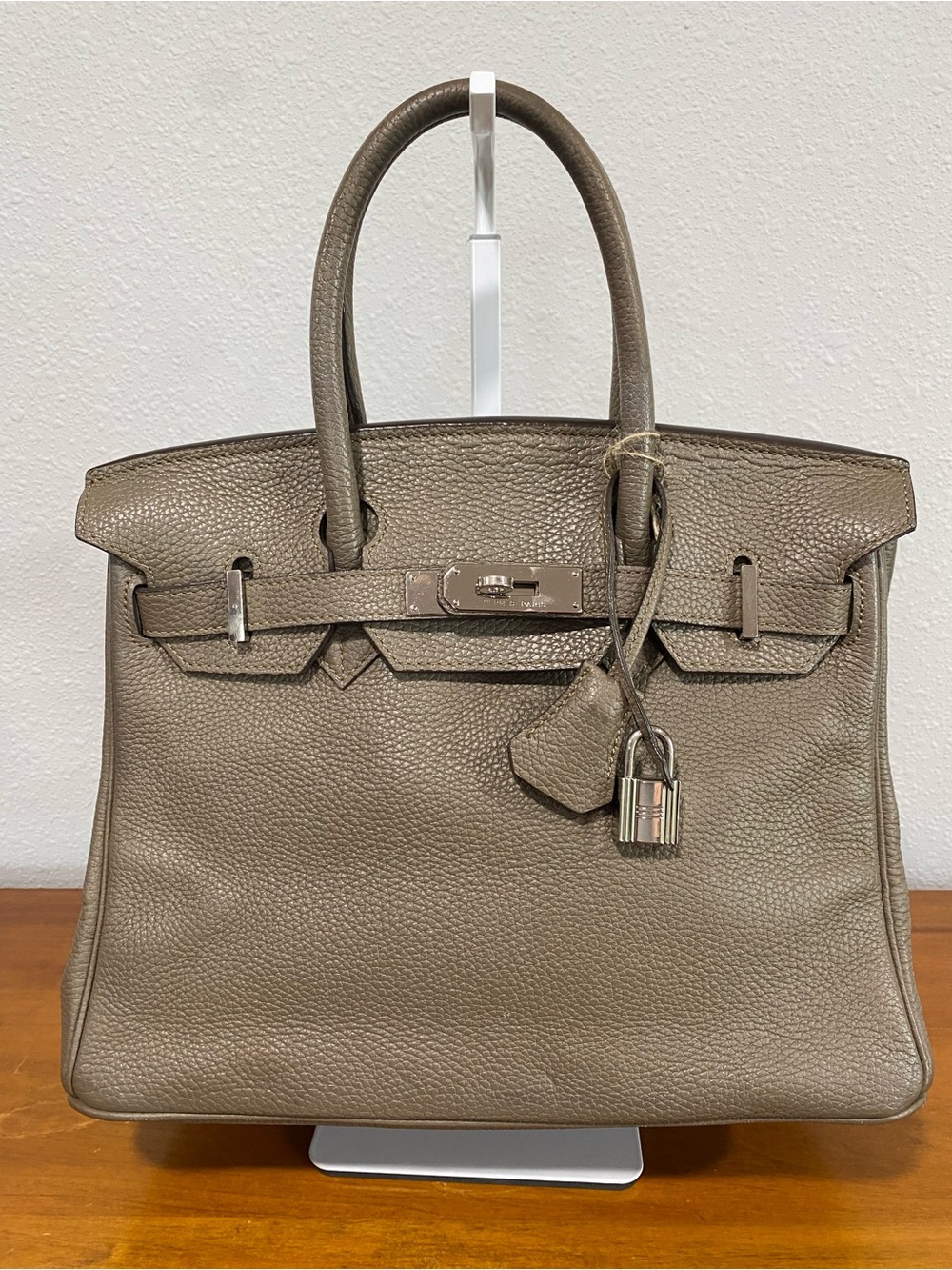Tumbled Leather Satchel with Padlock - Taupe 30cm